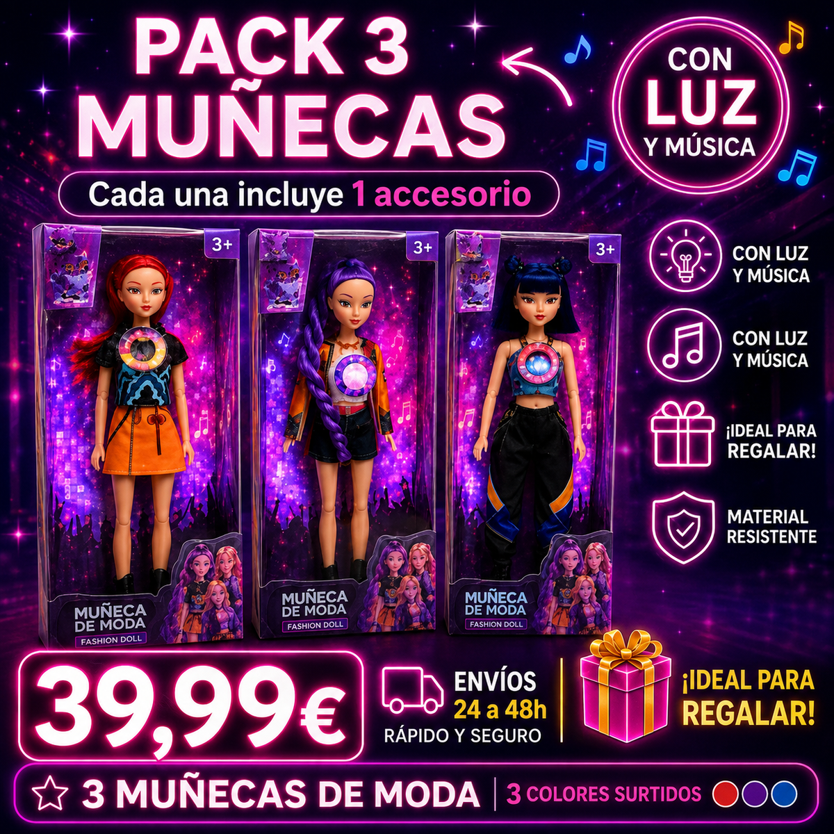 Muñecas K‑Pop con luz, música y accesorios| Rumi, Zoey y Mira