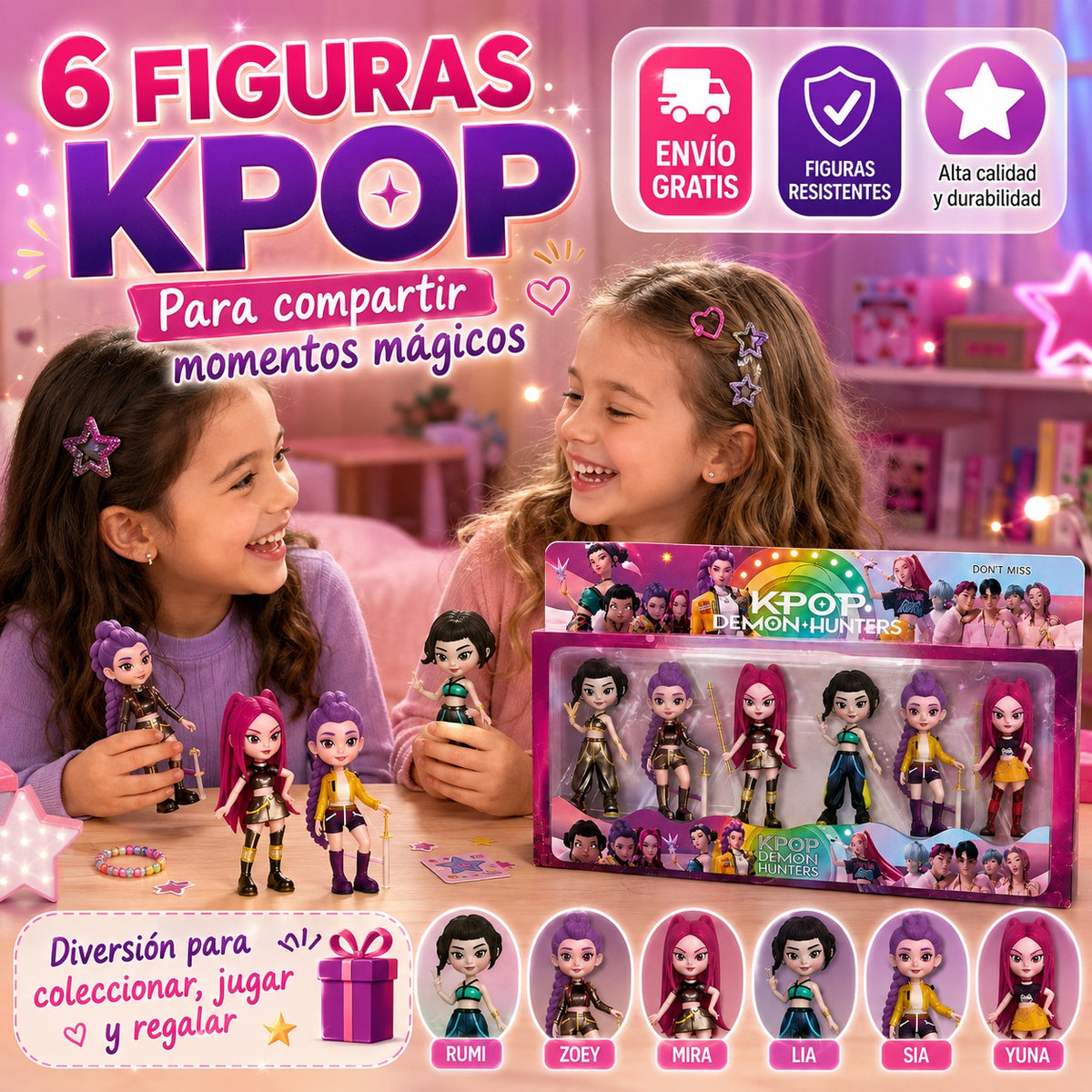 Seis figuras K-Pop presentadas en caja de regalo