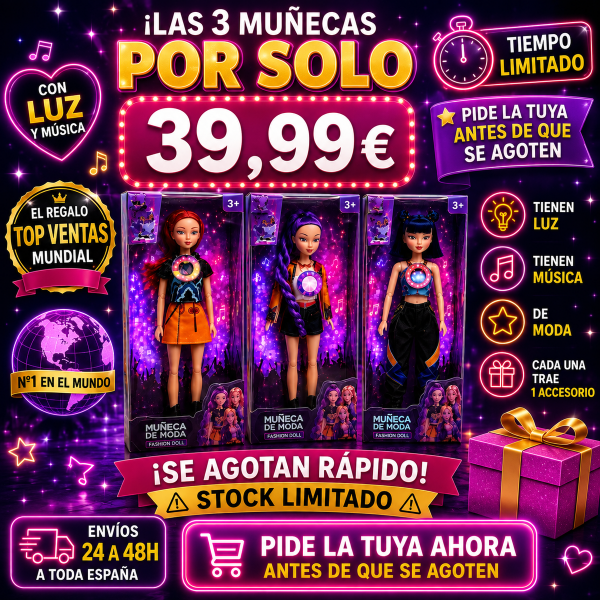 Muñecas K‑Pop con luz, música y accesorios| Rumi, Zoey y Mira