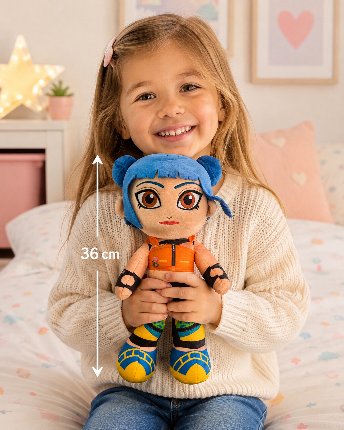 Niña sosteniendo muñeca KPOP de peluche de 36 cm